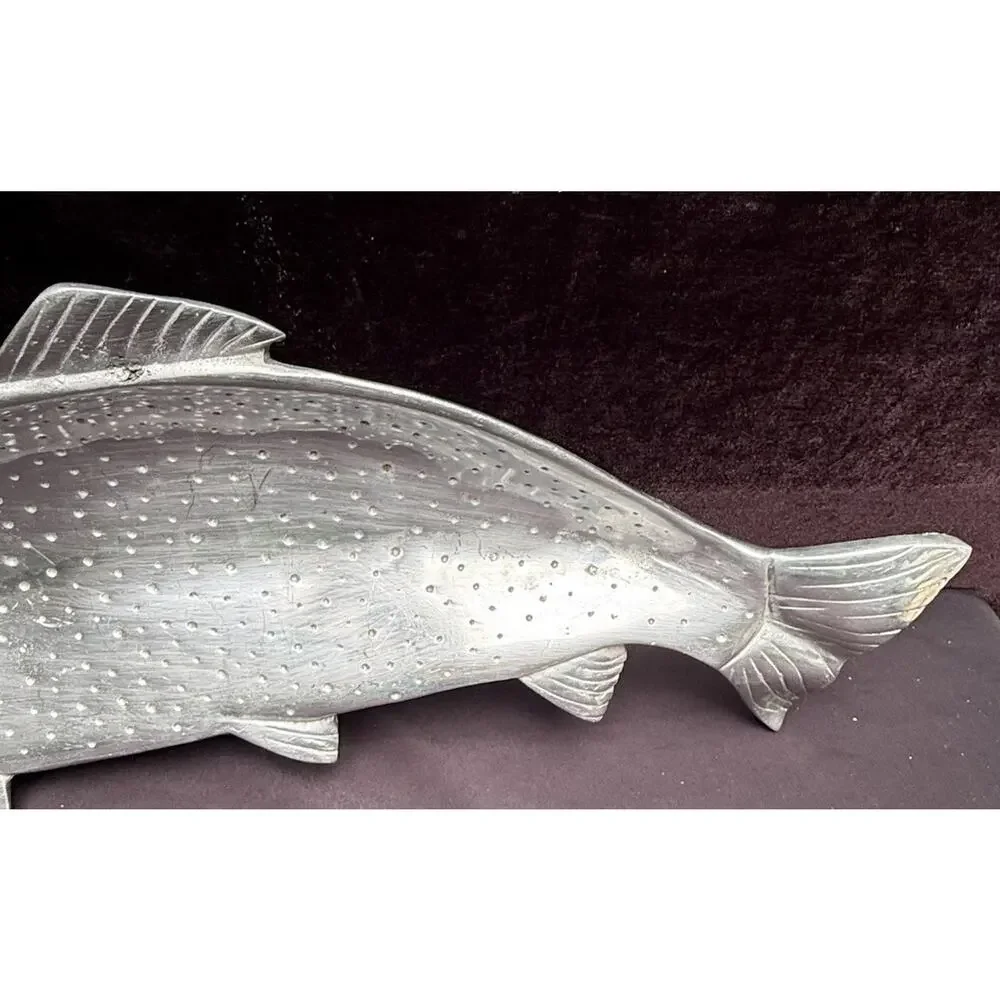 Vintage Cast Aluminum Silver Rainbow Trout Fish Shaped Serving Bowl Platter 21